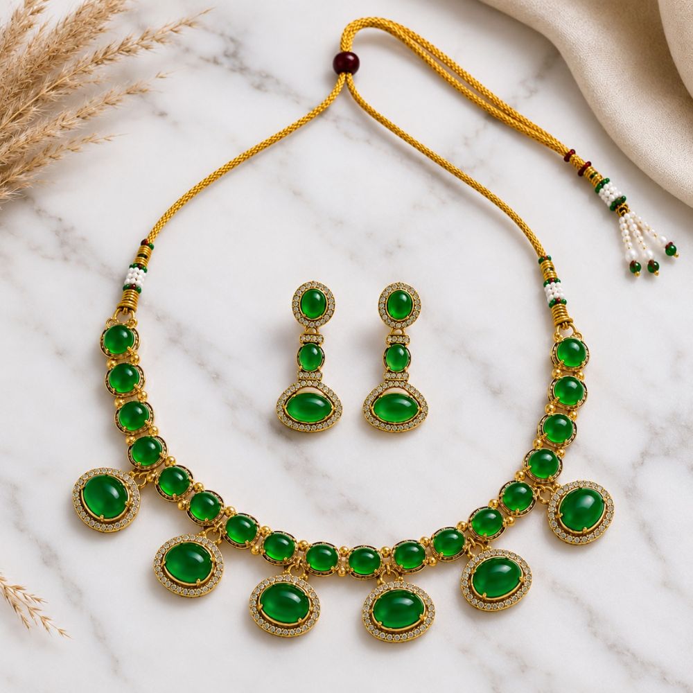 Aarvi - Emerald Kundan Inspired Stone Necklace Set with Earrings