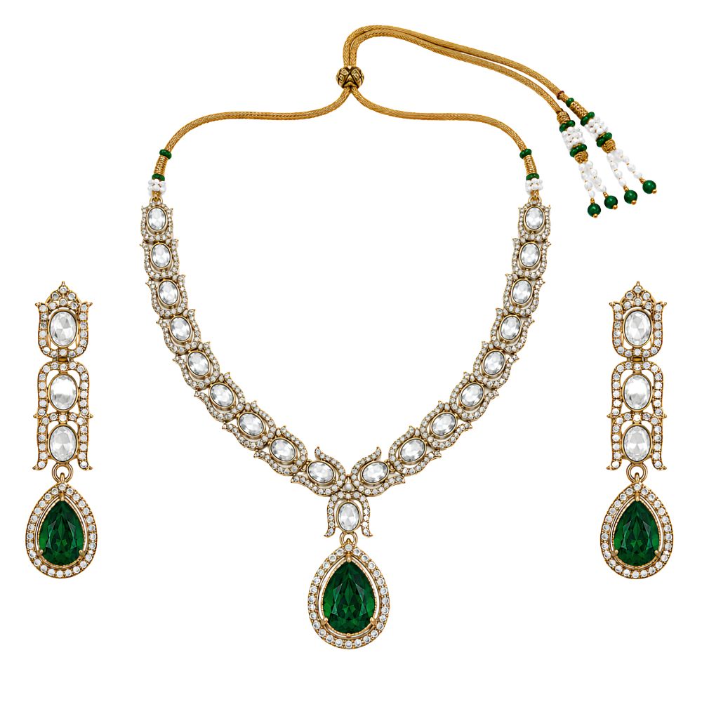 Avyara - Emerald Kundan Inspired Stone Necklace Set