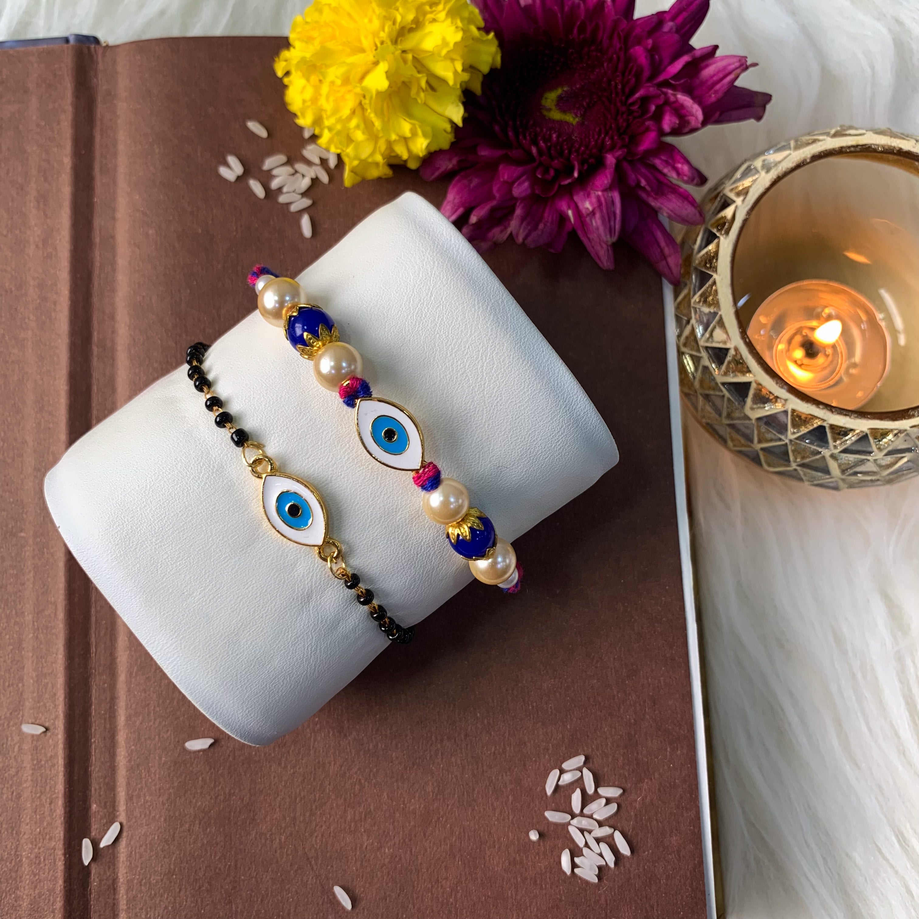 Evil Eye Shape Enamel Bhaiya Bhabhi Lumba Mangalsutra Bracelet & Rakhi With Roli Chawal & Card