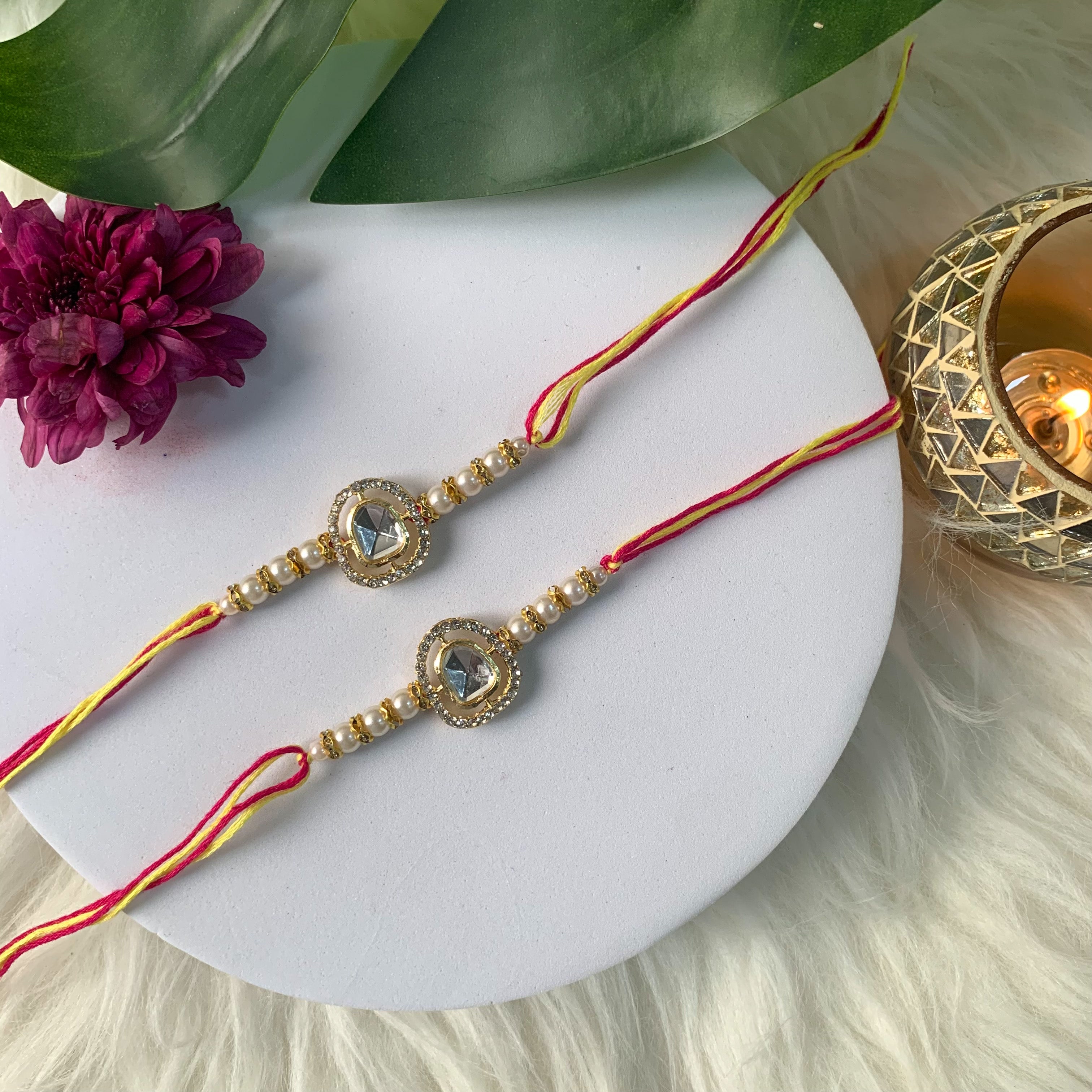 Dazzling Pearl Kundan Stone Rakhi with Roli Chawal & Card (Pack of 2)