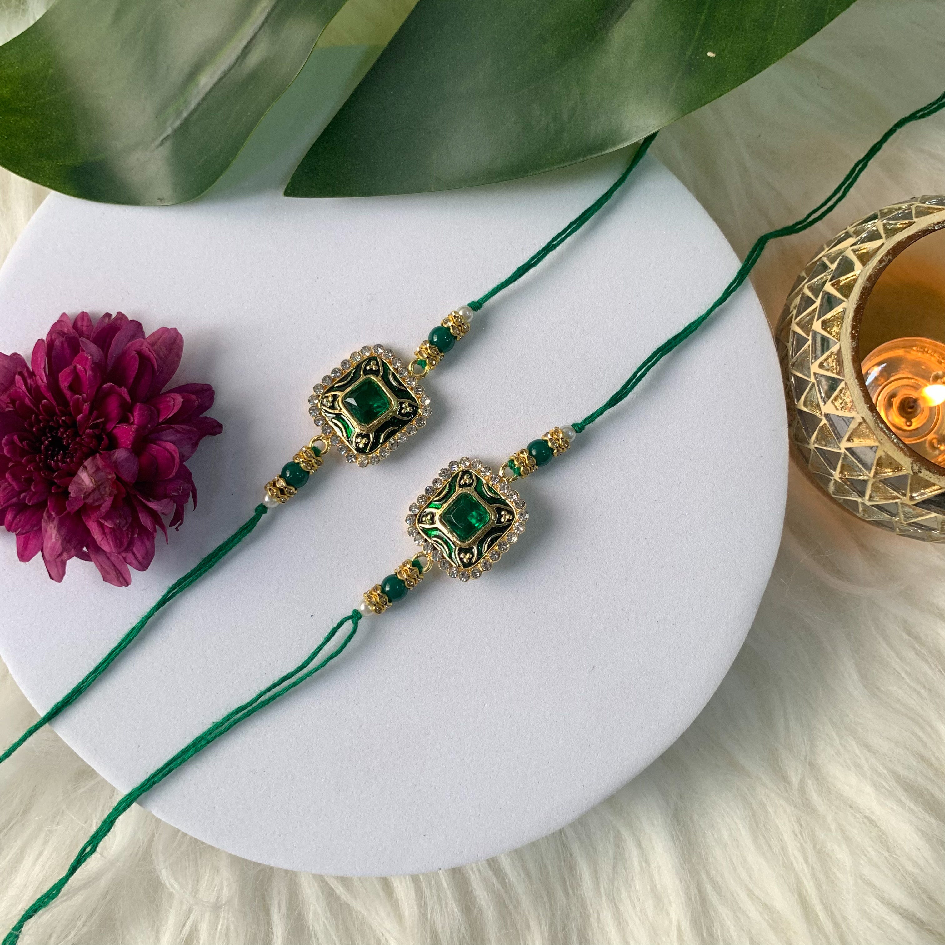 Colourful Beads And Meenakari Rakhi with Roli Chawal & Card (Pack of 2)