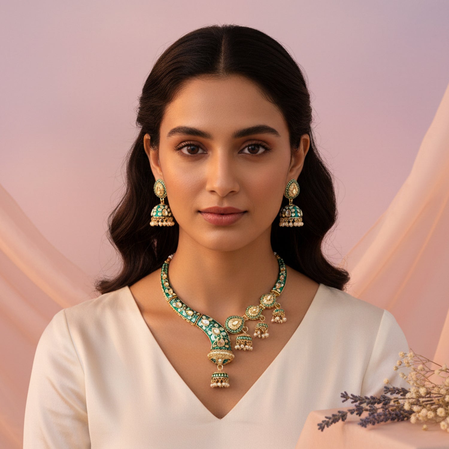 Alwar Peacock green Set- Meenakari heritage touch.