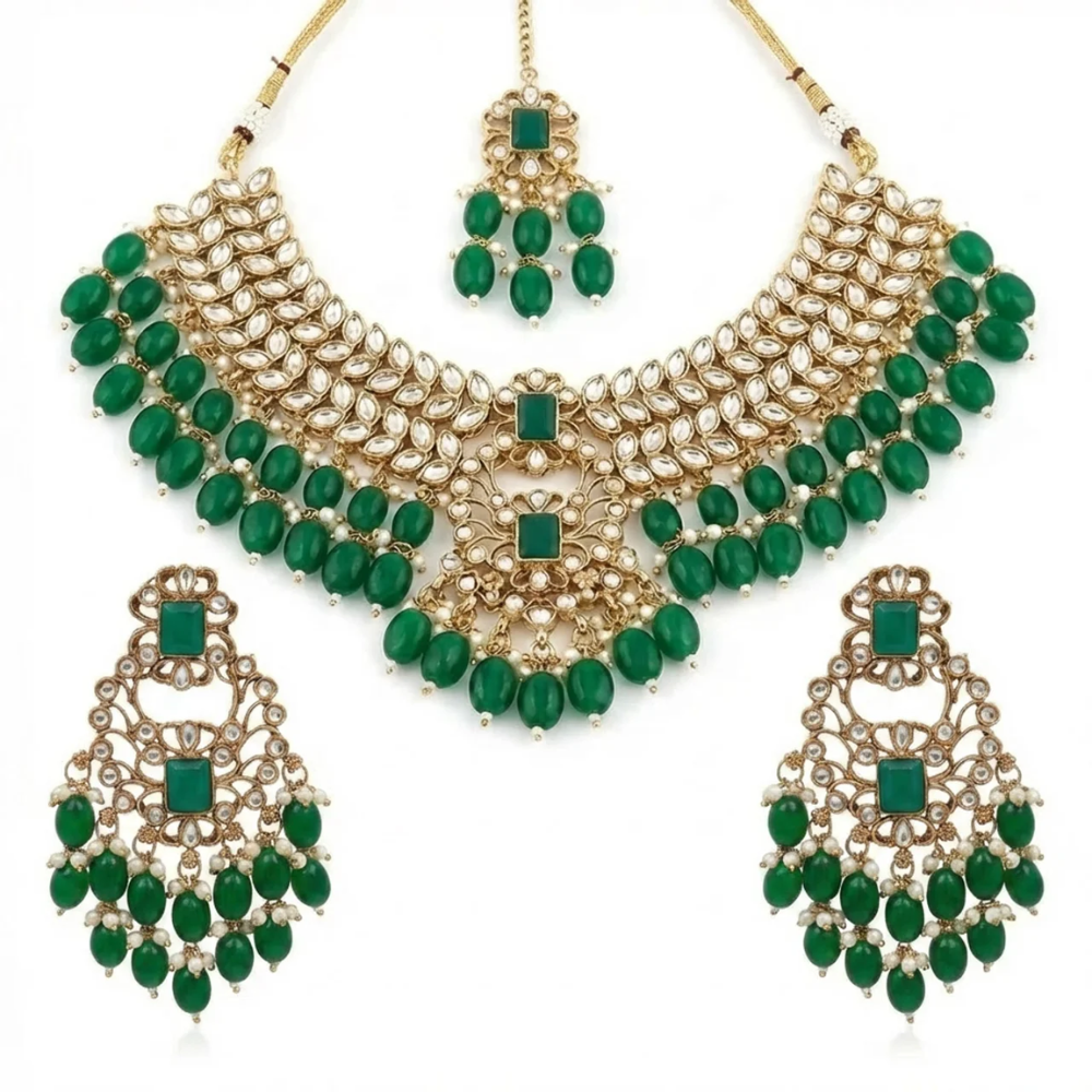 Shrisha- Kundan-Style Green Beads Choker Necklace Set