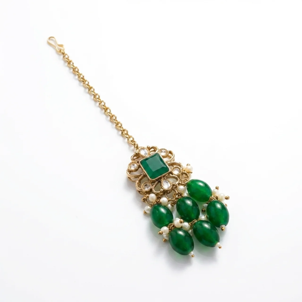Shrisha- Kundan-Style Green Beads Choker Necklace Set