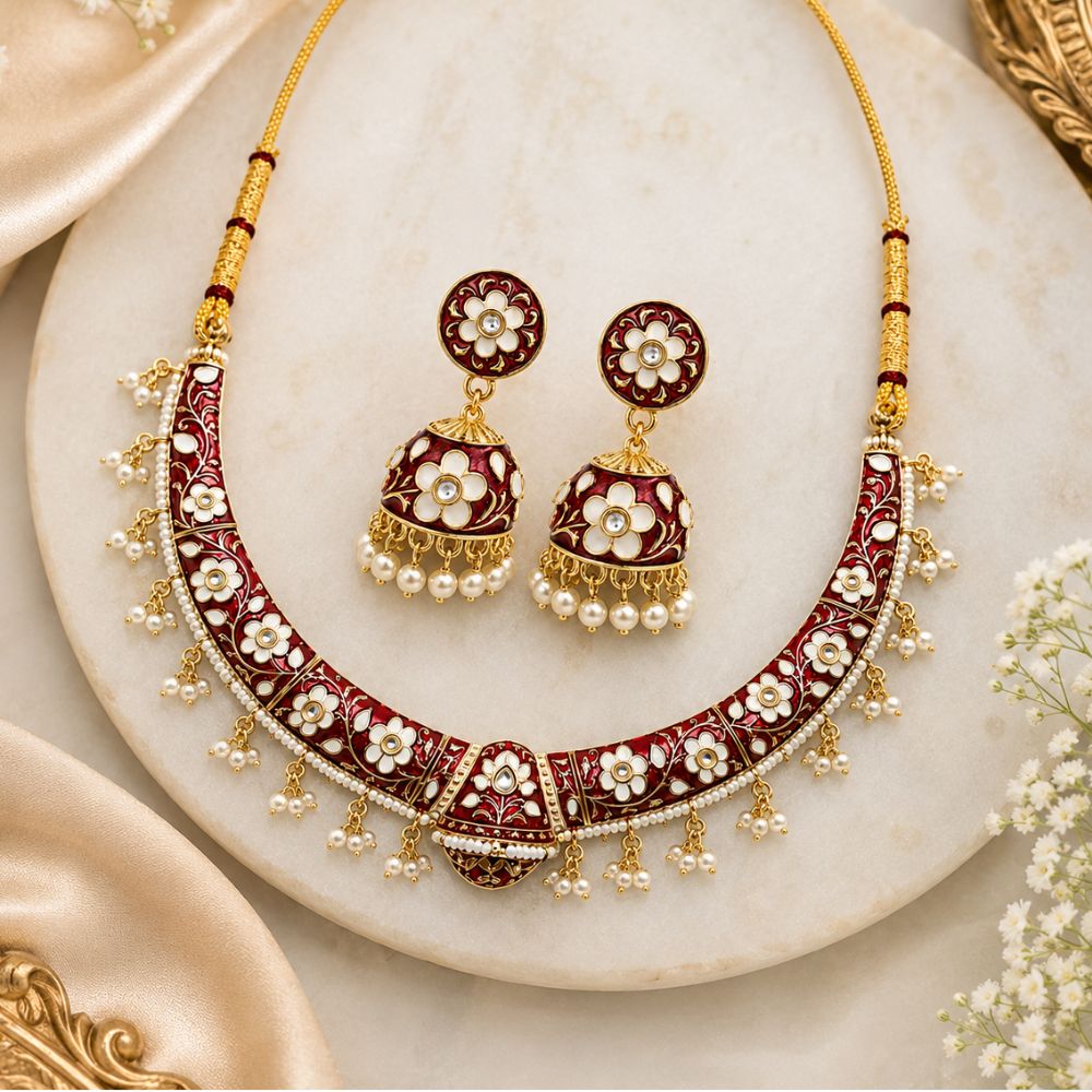 Svanika- Maroon Meenakari Floral Choker Necklace Set with Pearl Jhumka Earrings