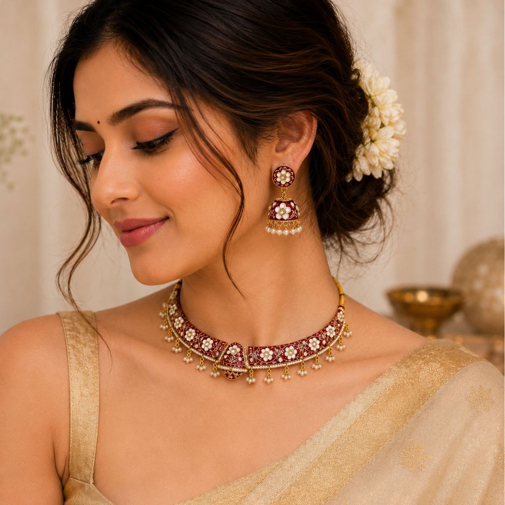 Svanika- Maroon Meenakari Floral Choker Necklace Set with Pearl Jhumka Earrings