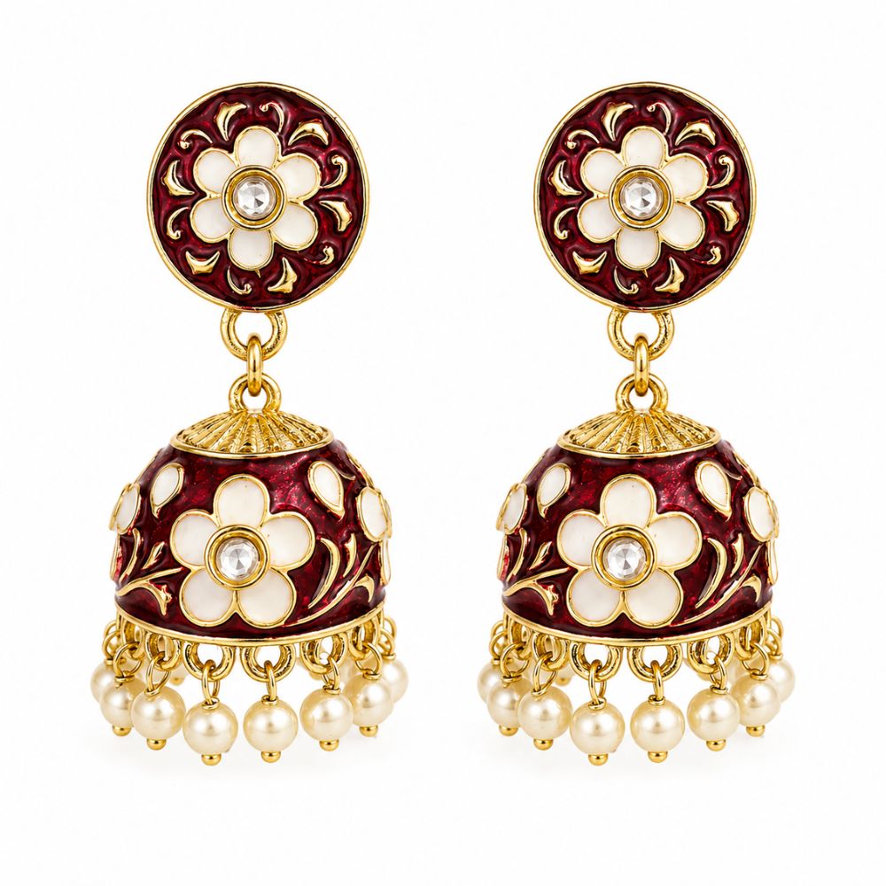 Svanika- Maroon Meenakari Floral Choker Necklace Set with Pearl Jhumka Earrings
