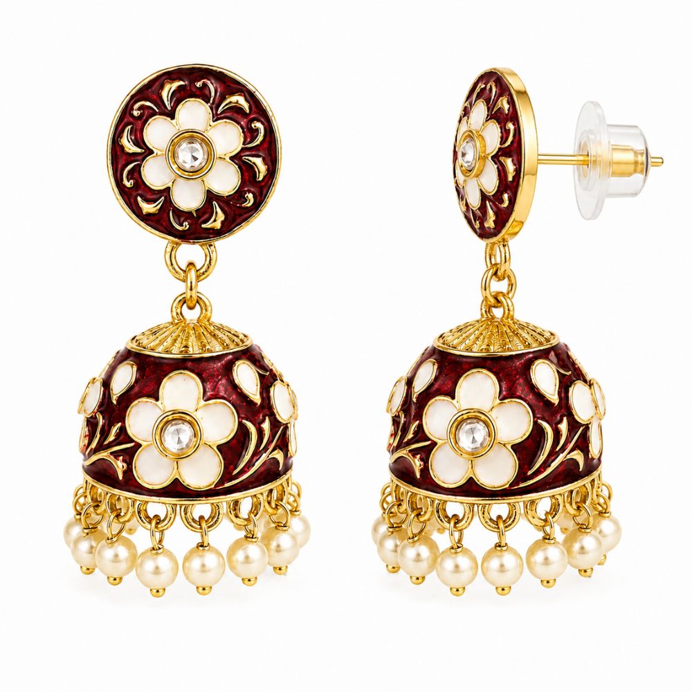 Svanika- Maroon Meenakari Floral Choker Necklace Set with Pearl Jhumka Earrings