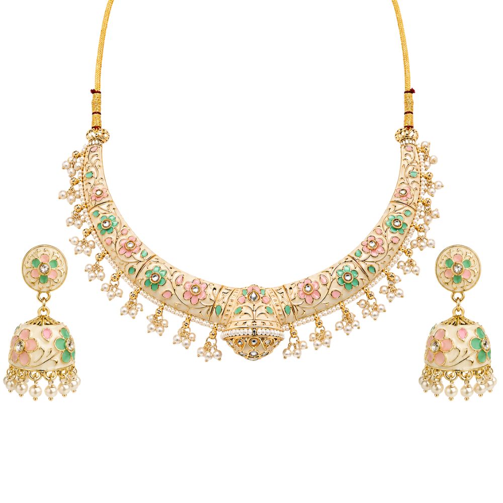 Svanika- Multicolour Meenakari Floral Choker Necklace Set with Pearl Jhumka Earrings