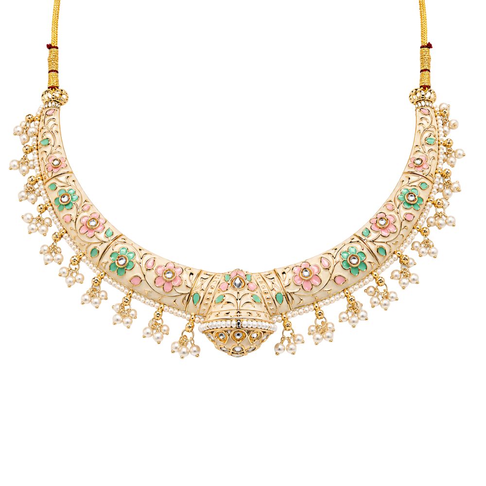 Svanika- Multicolour Meenakari Floral Choker Necklace Set with Pearl Jhumka Earrings