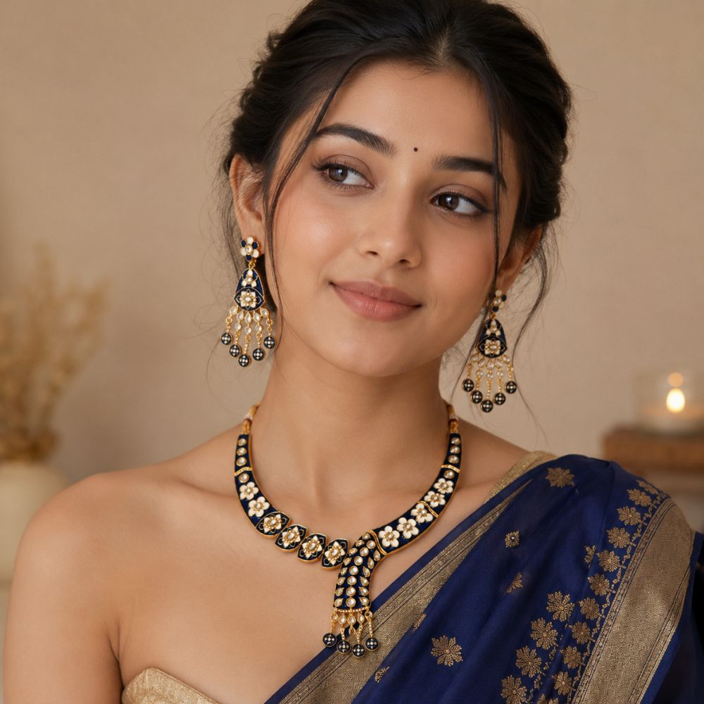 Arhita- Blue Meenakari Floral Statement Necklace Set with Matching Dangler Earrings for Women