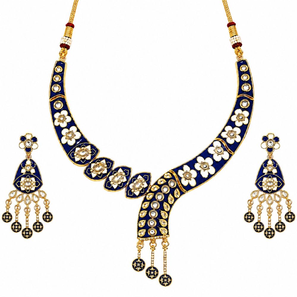 Arhita- Blue Meenakari Floral Statement Necklace Set with Matching Dangler Earrings for Women