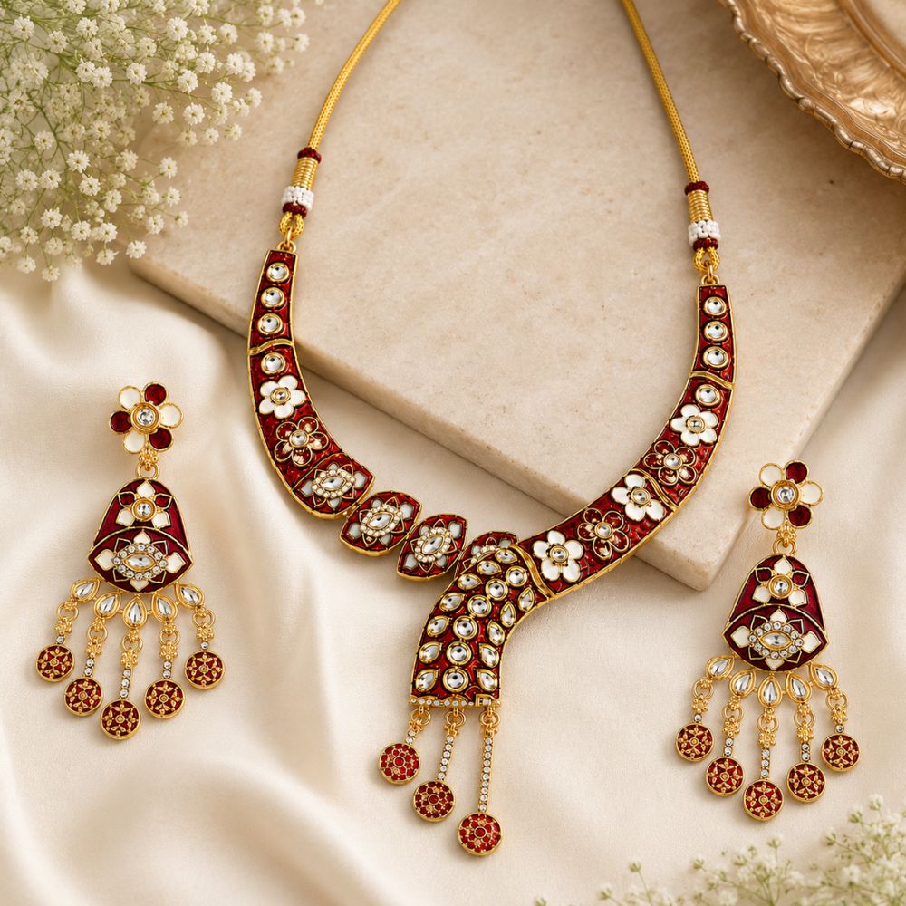 Arhita- Maroon Meenakari Floral Statement Necklace Set with Matching Dangler Earrings for Women