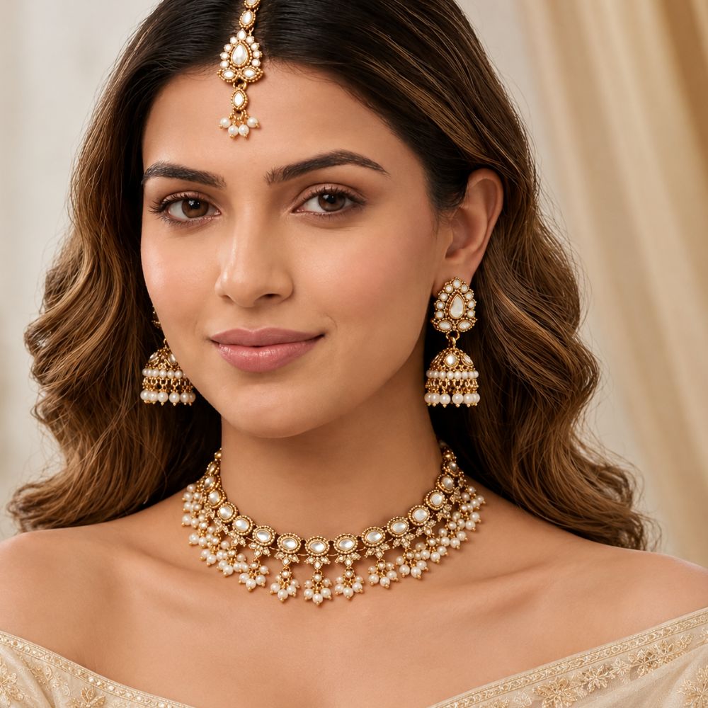 Ishvani -Pearl Kundan Jhumka Necklace Set with Earrings & Maang Tikka