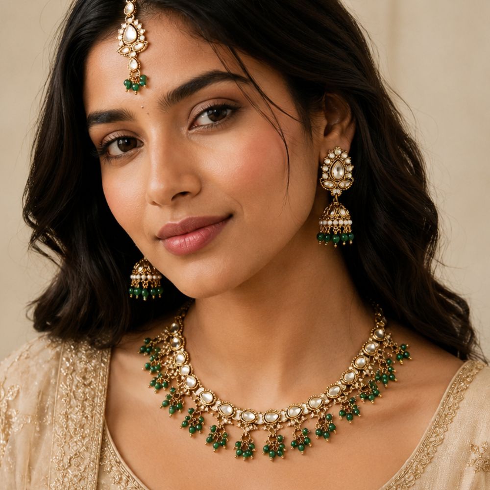 Ishvani - Green Beaded Kundan Jhumka Necklace Set with Earrings & Maang Tikka