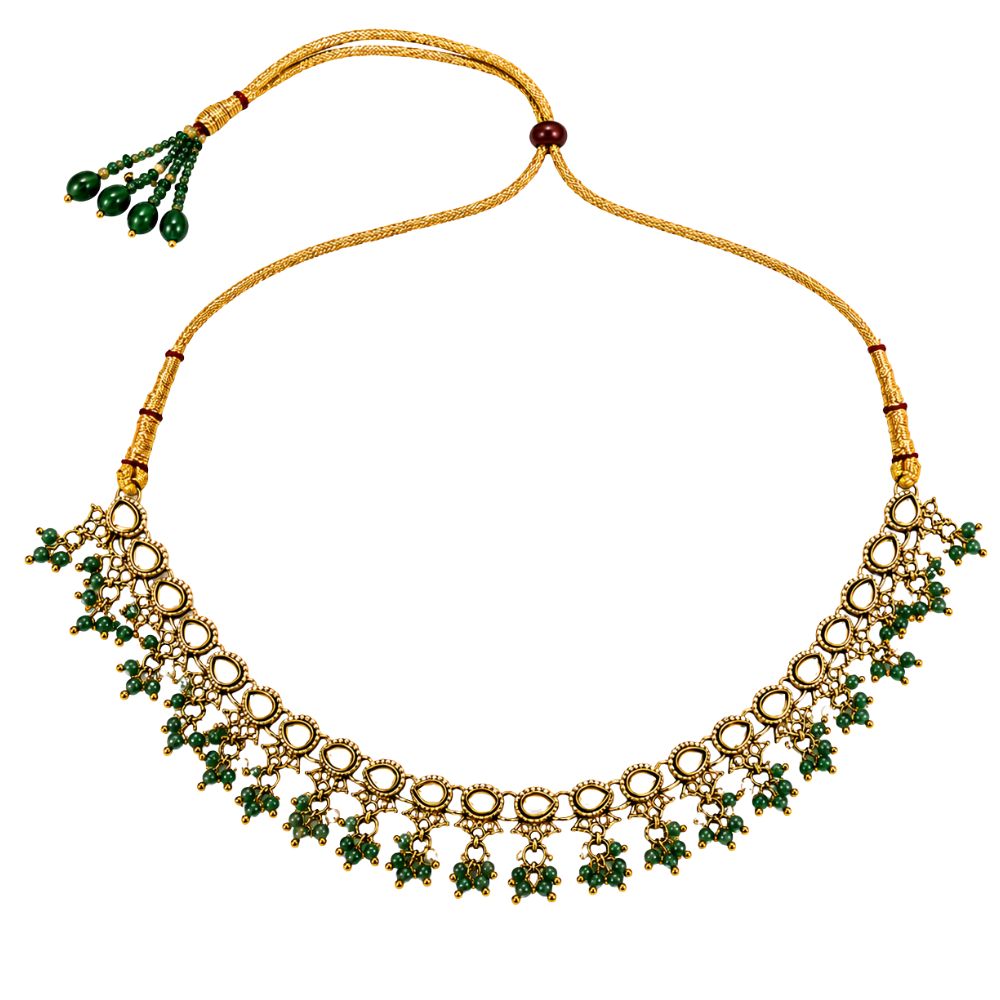 Ishvani - Green Beaded Kundan Jhumka Necklace Set with Earrings & Maang Tikka
