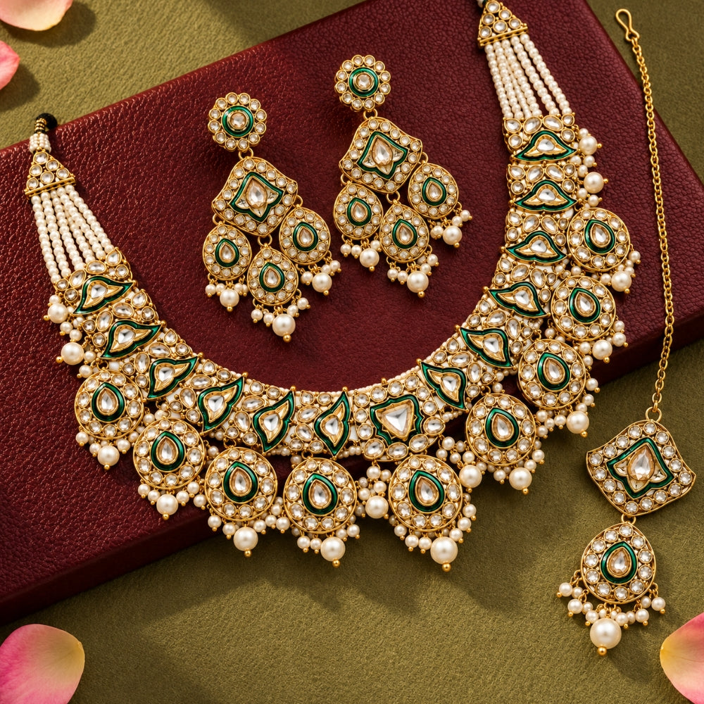 Suniksha- Green Kundan-Style Pearl Beaded Necklace Set