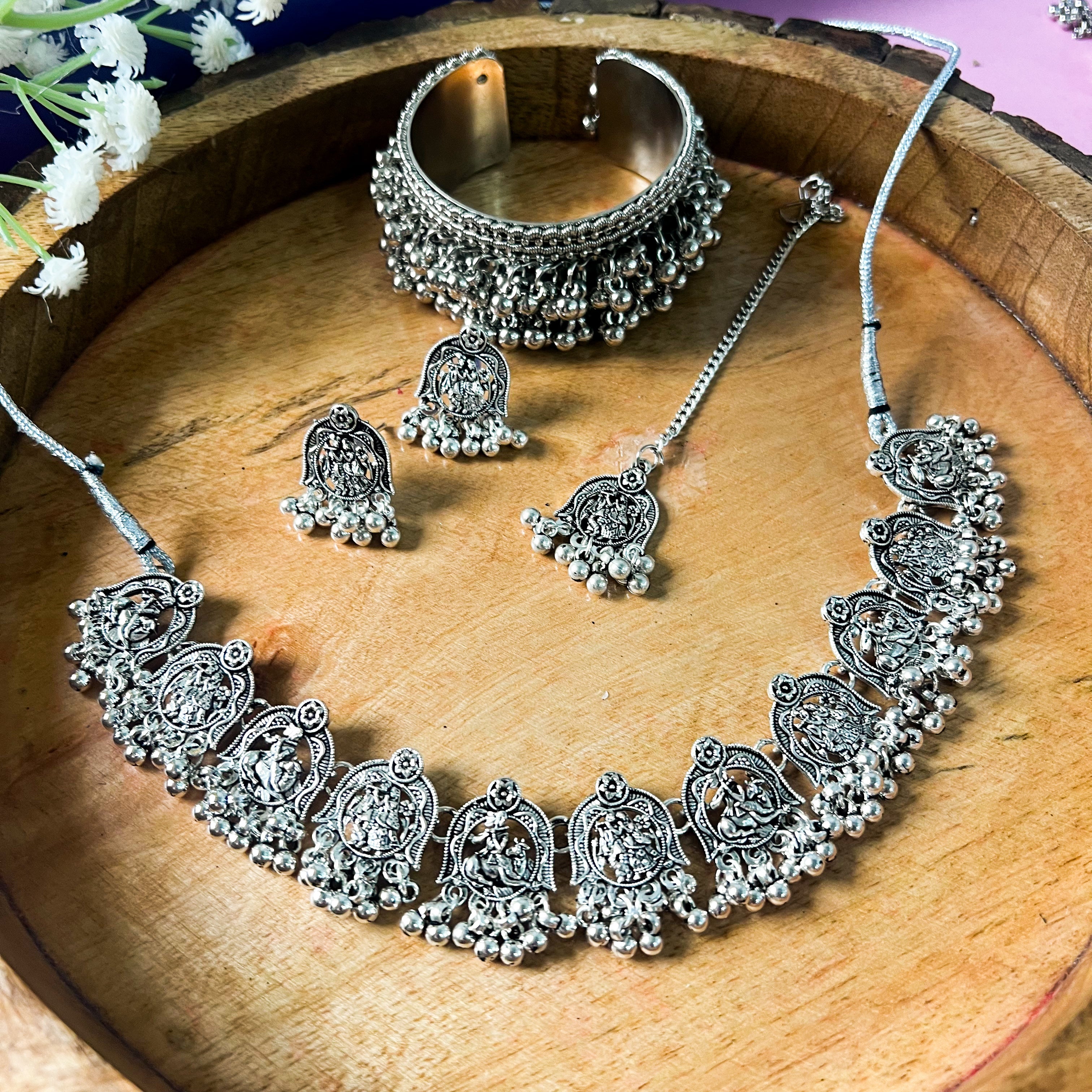 Silver Oxidised Necklace Set And Kada Gift Set