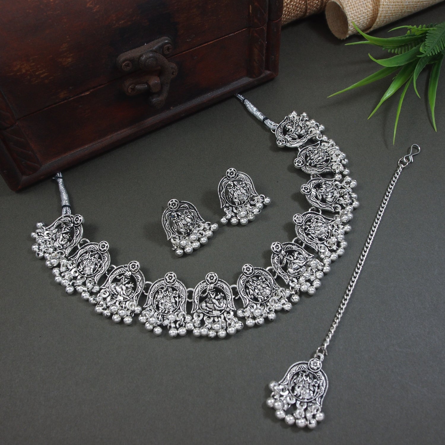Silver Oxidised Necklace Set And Kada Gift Set