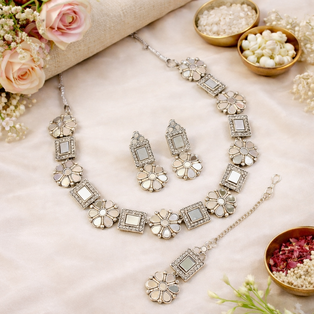 Brishti White Oxidised Choker Set