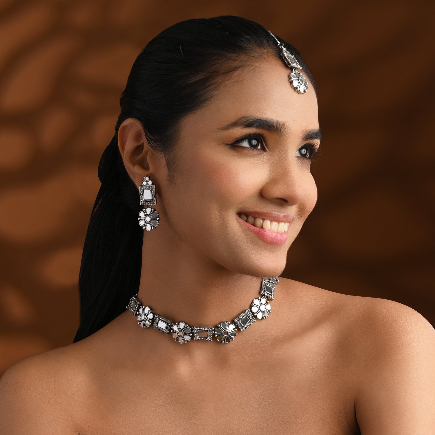 Brishti White Oxidised Choker Set