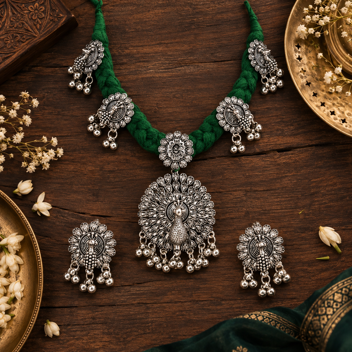 Oxidised Peacock Motif Green Necklace Set with Earrings - Traditional Wear