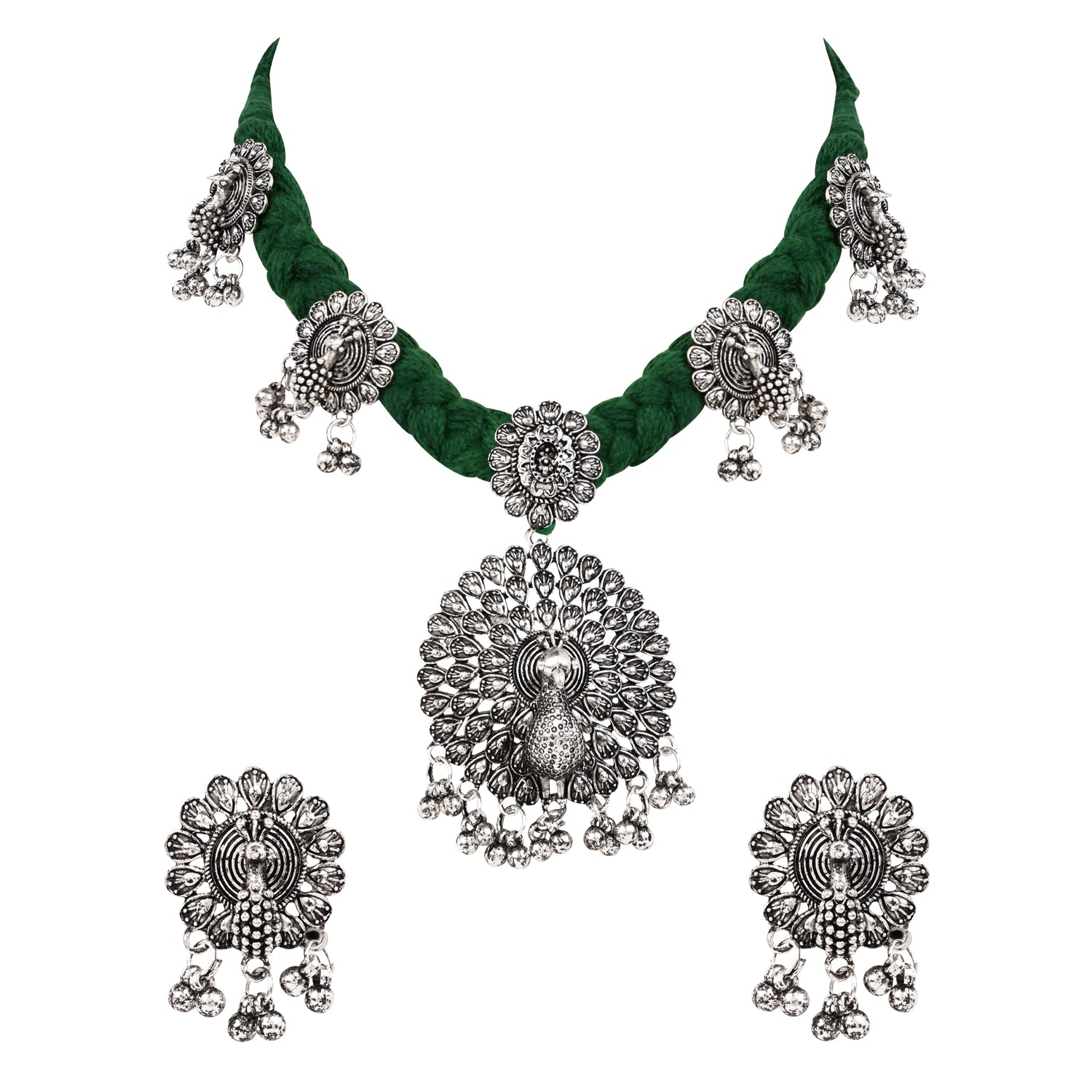 Oxidised Peacock Motif Green Necklace Set with Earrings - Traditional Wear