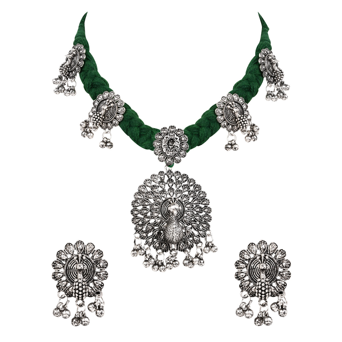 Oxidised Peacock Motif Green Necklace Set with Earrings - Traditional Wear