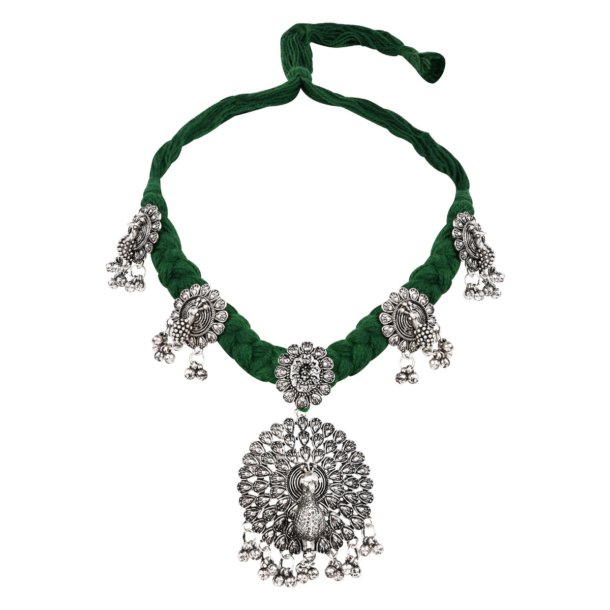 Oxidised Peacock Motif Green Necklace Set with Earrings - Traditional Wear
