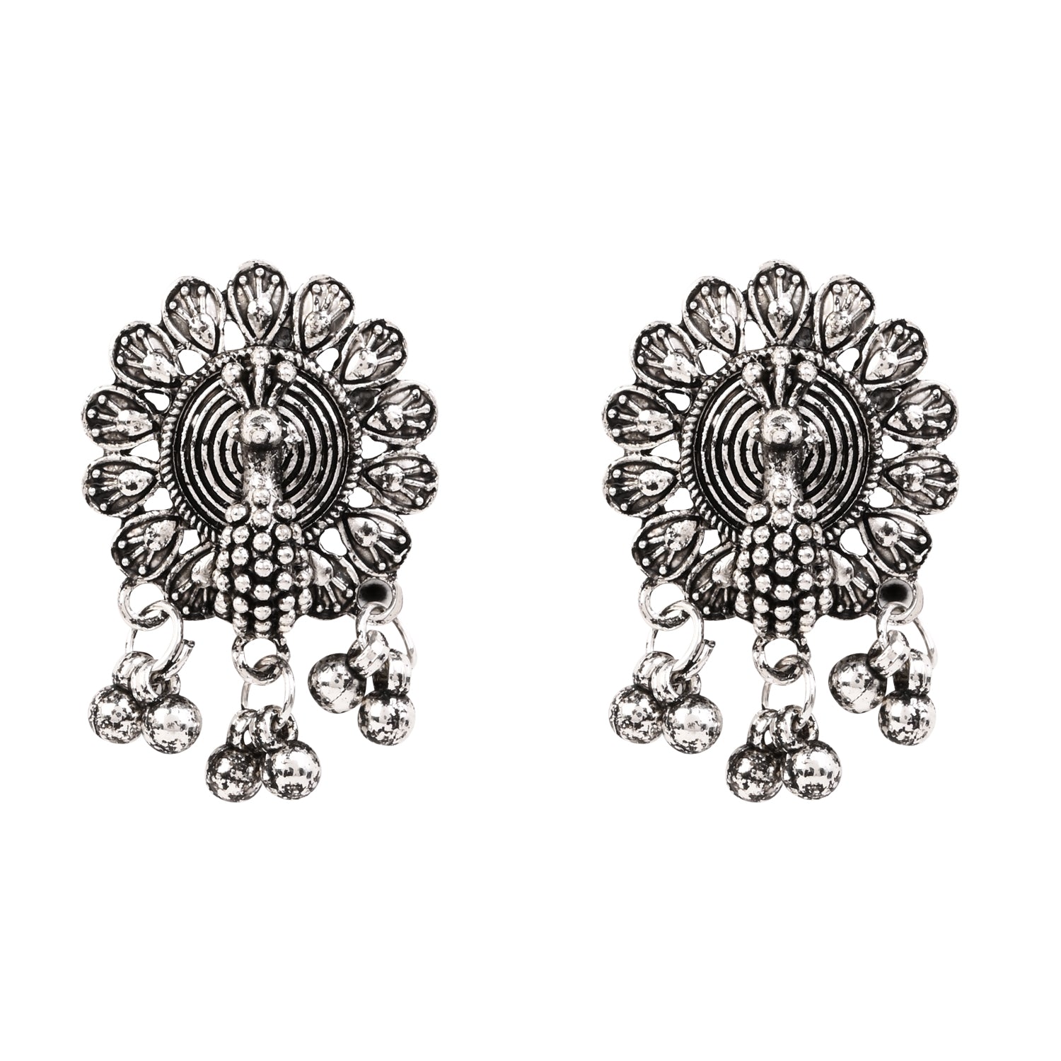 Oxidised Peacock Motif Green Necklace Set with Earrings - Traditional Wear