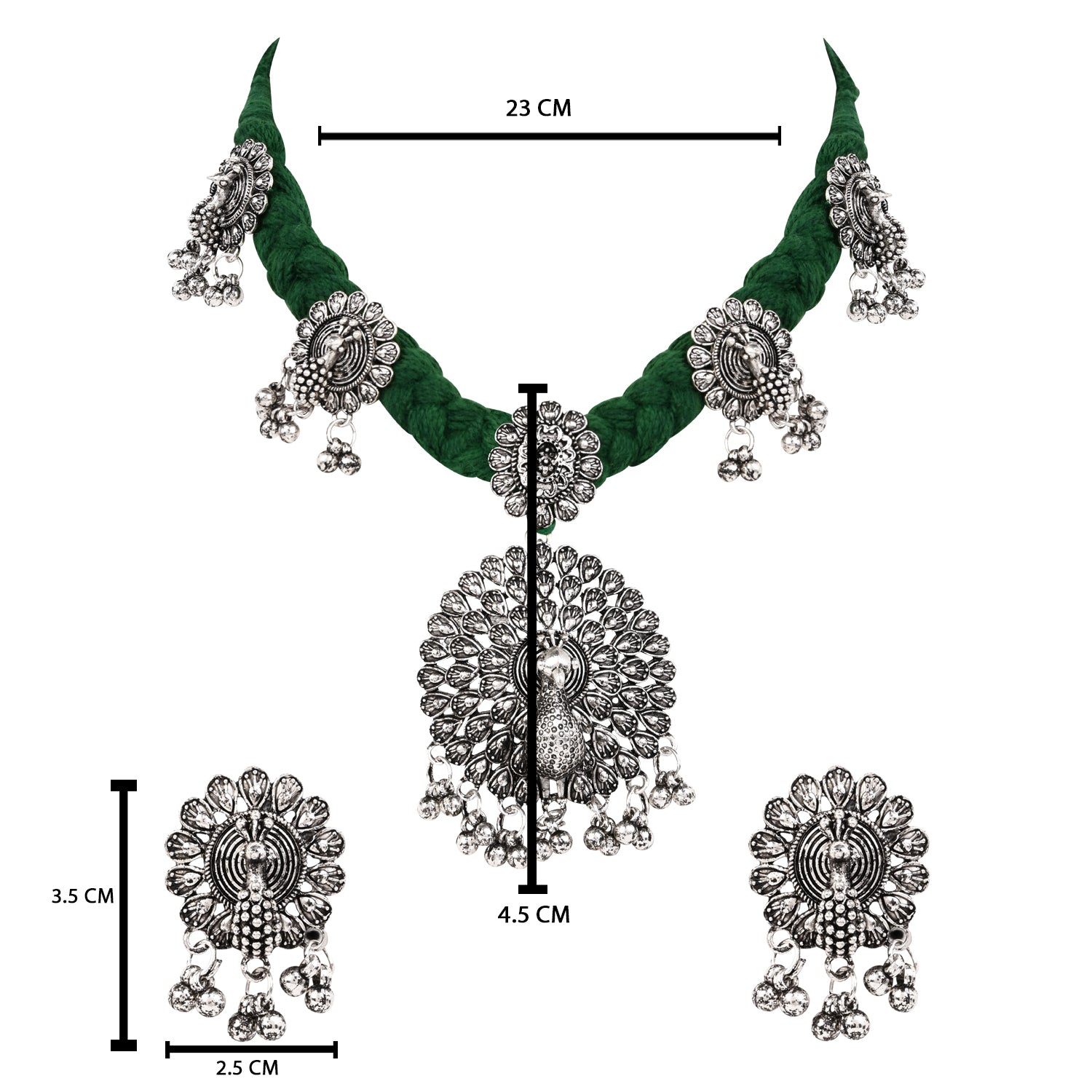Oxidised Peacock Motif Green Necklace Set with Earrings - Traditional Wear