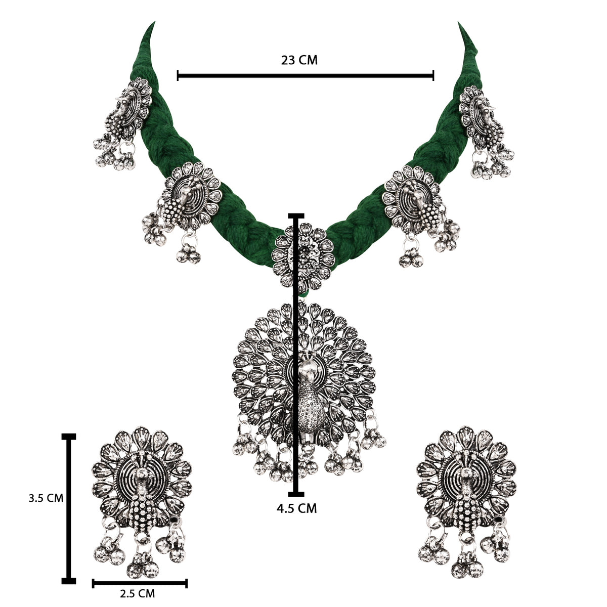 Oxidised Peacock Motif Green Necklace Set with Earrings - Traditional Wear