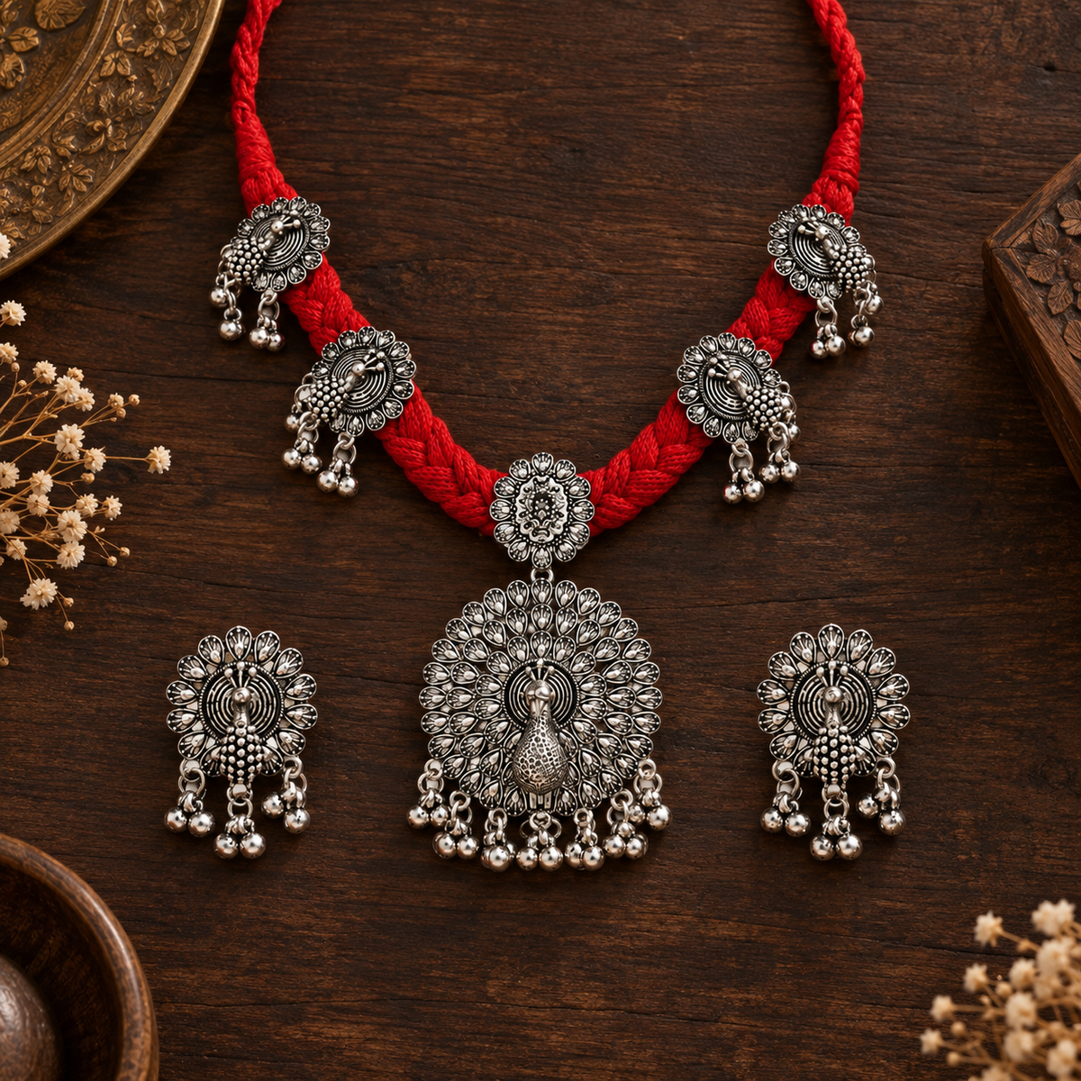 Oxidised Peacock Motif Red Necklace Set with Earrings - Traditional Wear