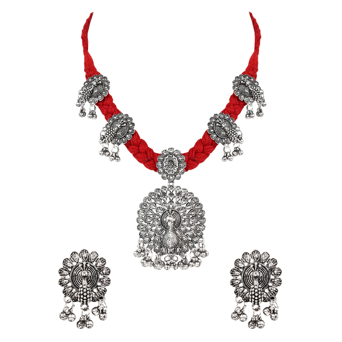 Oxidised Peacock Motif Red Necklace Set with Earrings - Traditional Wear