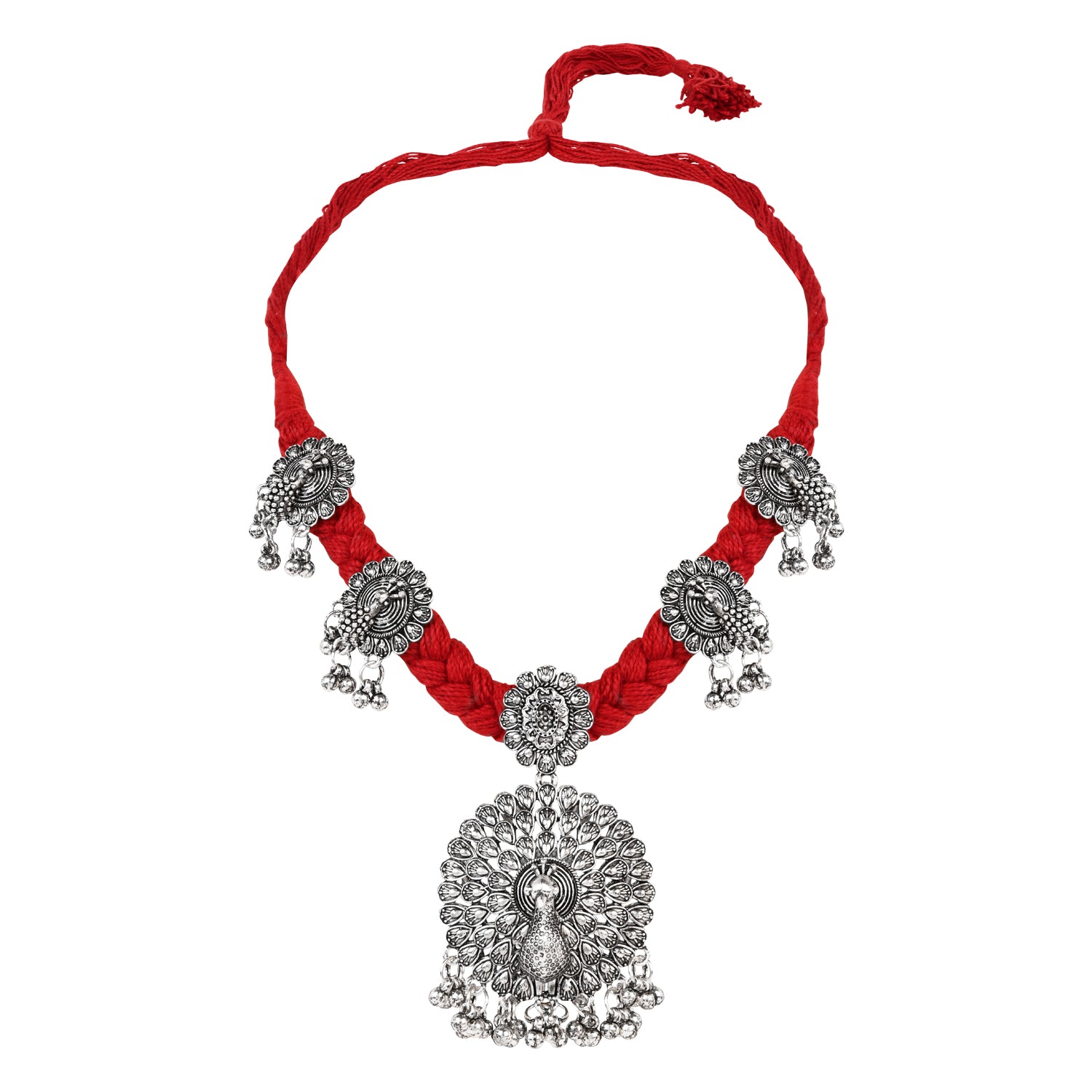 Oxidised Peacock Motif Red Necklace Set with Earrings - Traditional Wear