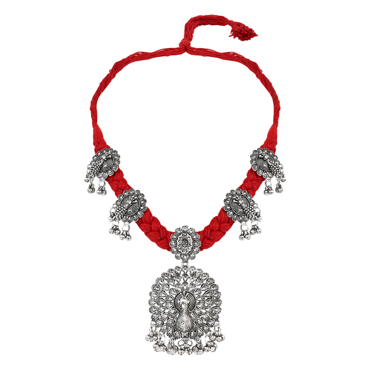 Oxidised Peacock Motif Red Necklace Set with Earrings - Traditional Wear