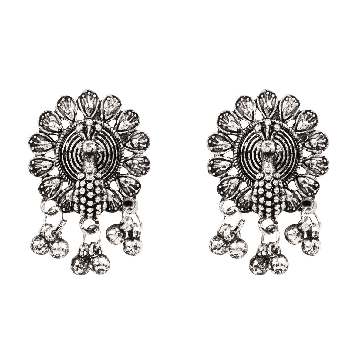 Oxidised Peacock Motif Red Necklace Set with Earrings - Traditional Wear
