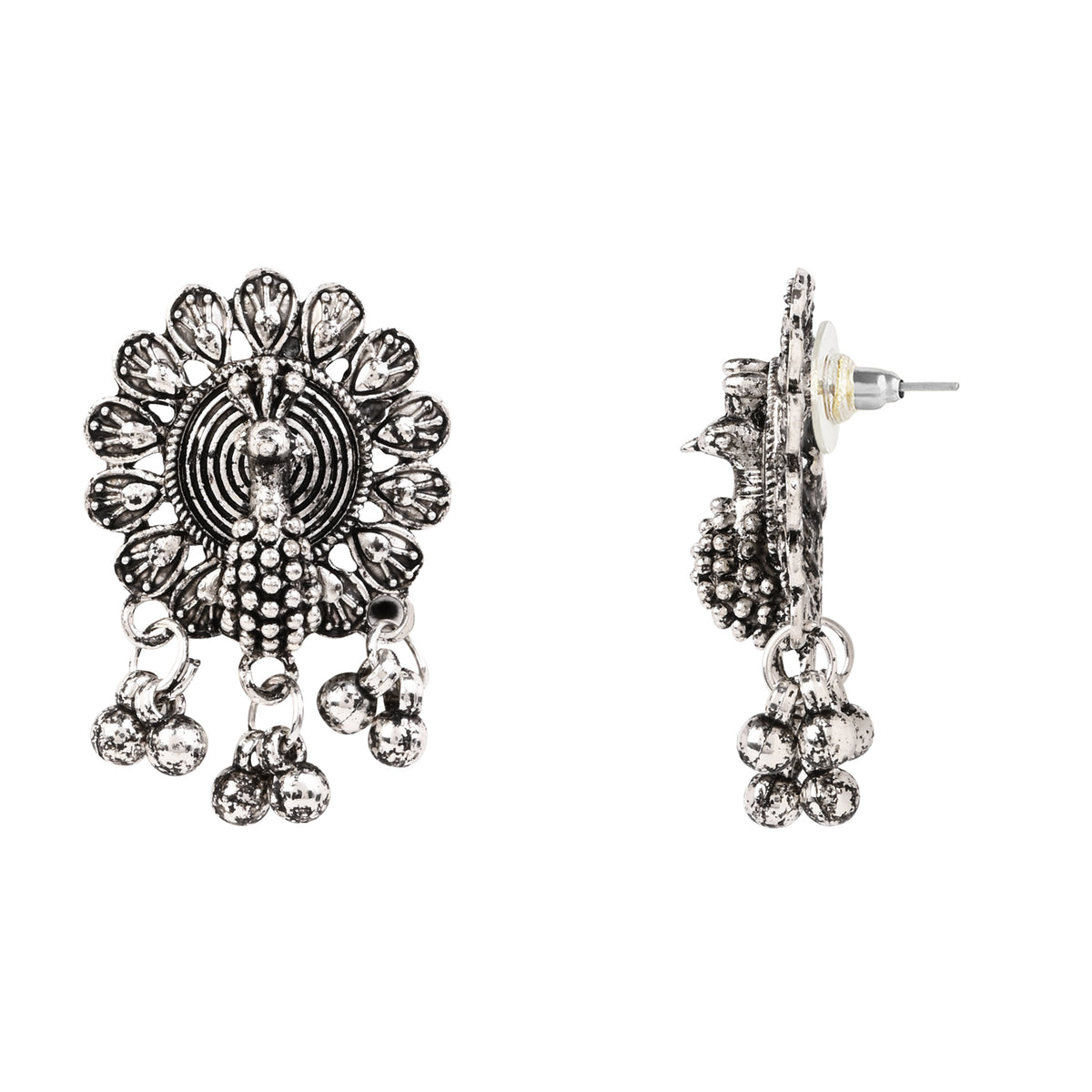 Oxidised Peacock Motif Red Necklace Set with Earrings - Traditional Wear