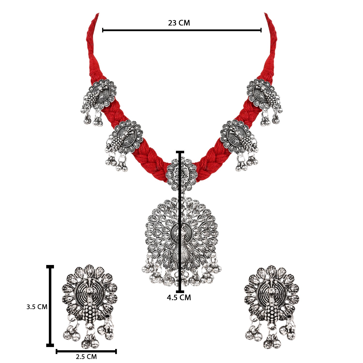 Oxidised Peacock Motif Red Necklace Set with Earrings - Traditional Wear