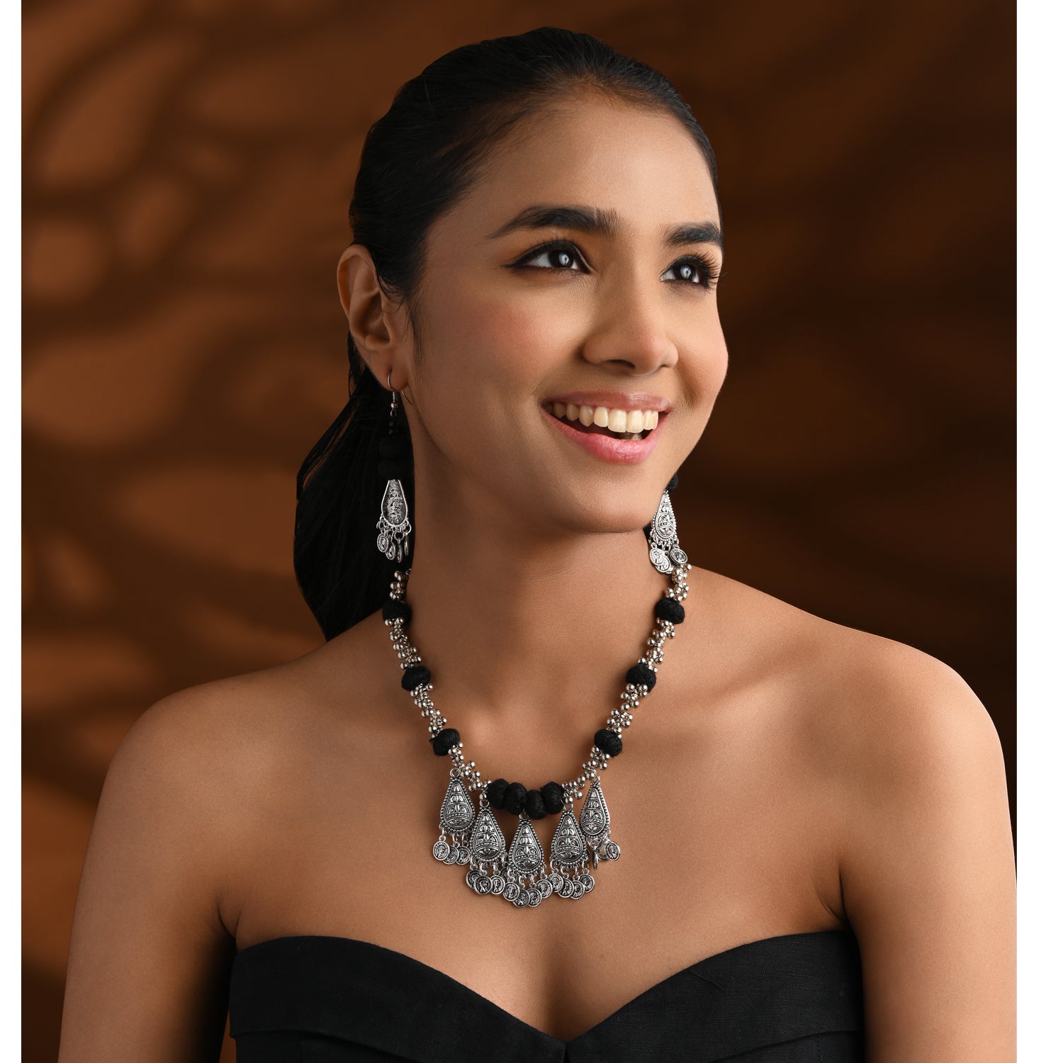 Antique Oxidised Necklace Set - Black Bead Design