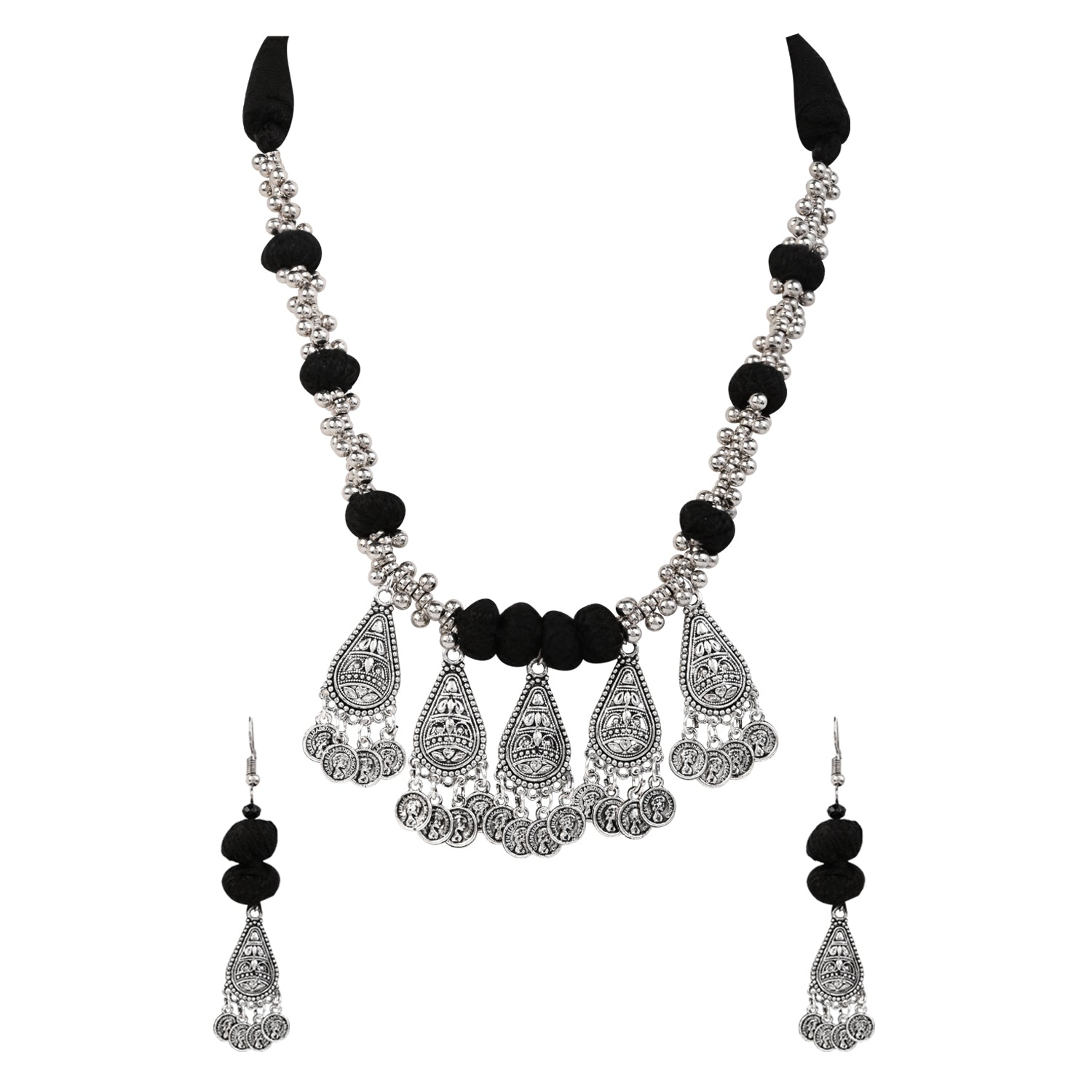Antique Oxidised Necklace Set - Black Bead Design