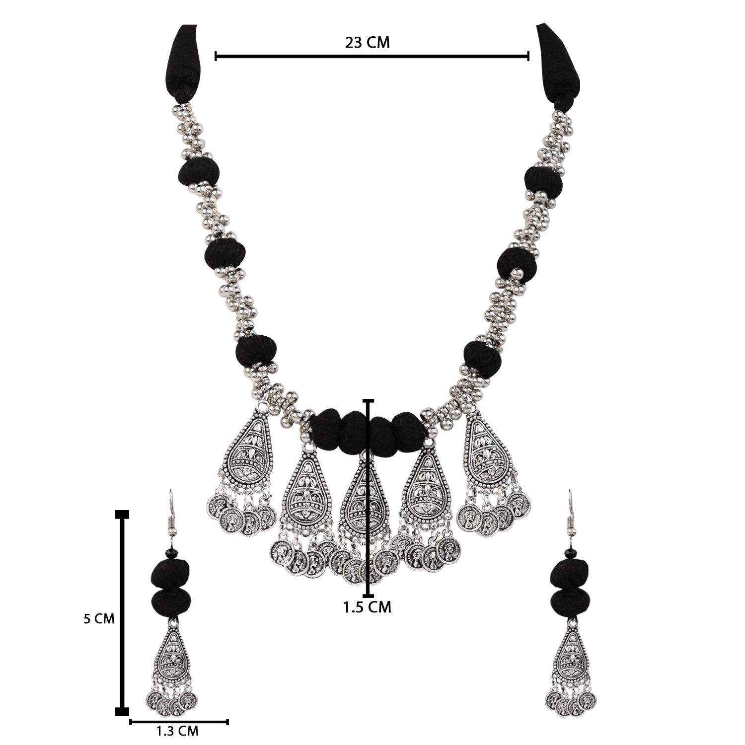 Antique Oxidised Necklace Set - Black Bead Design