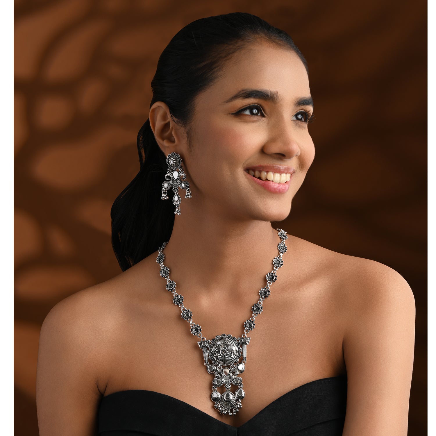 Oxidised Engraved Necklace Set - Festive Wear