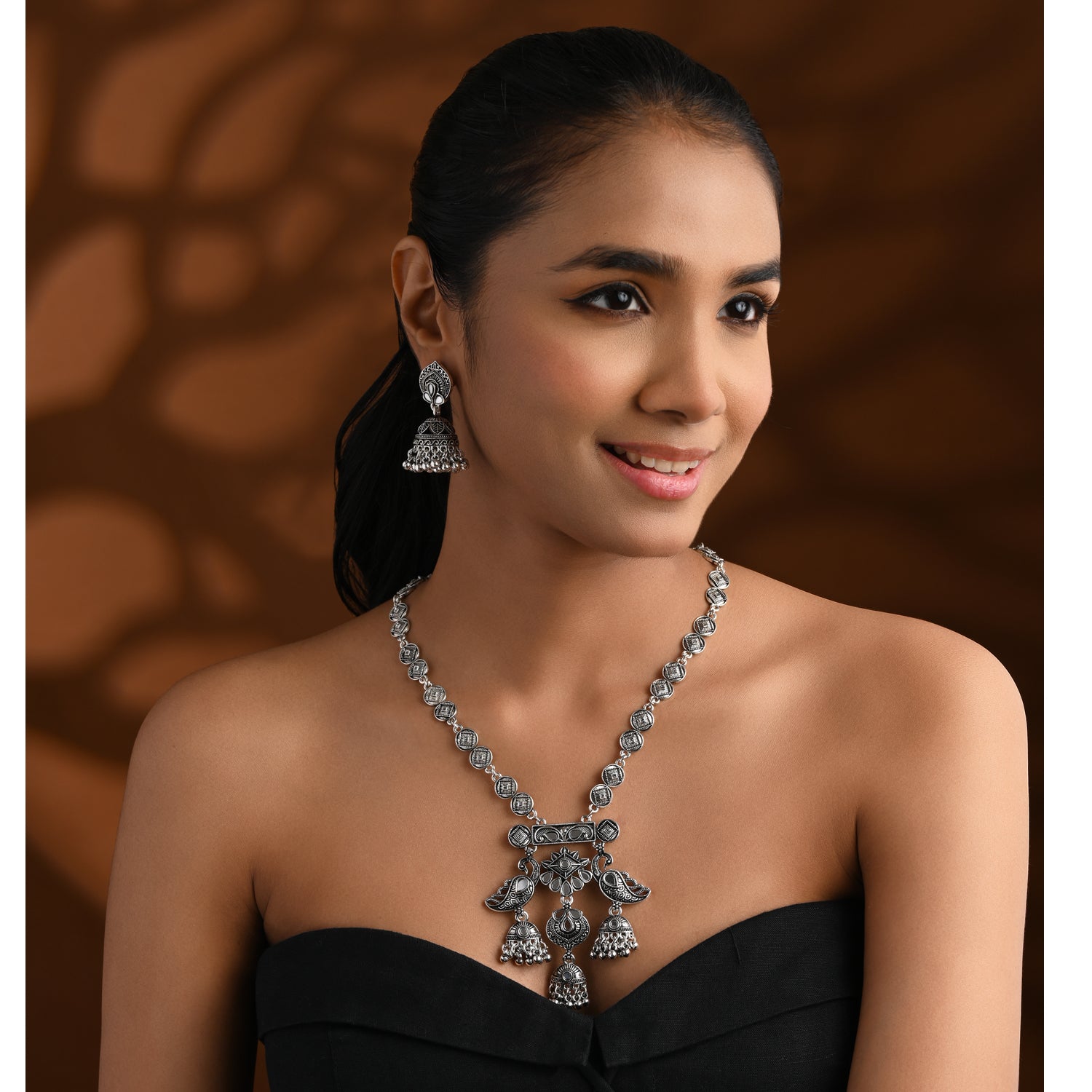 Whispering Feathers Oxidised Peacock - Necklace Set