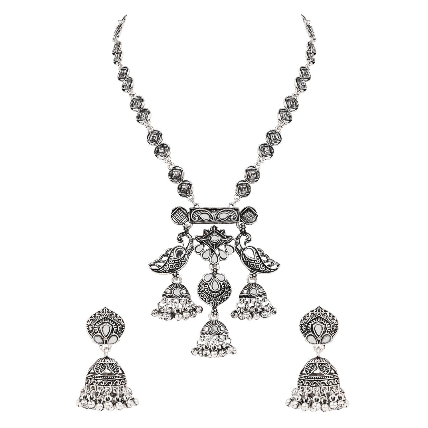 Whispering Feathers Oxidised Peacock - Necklace Set