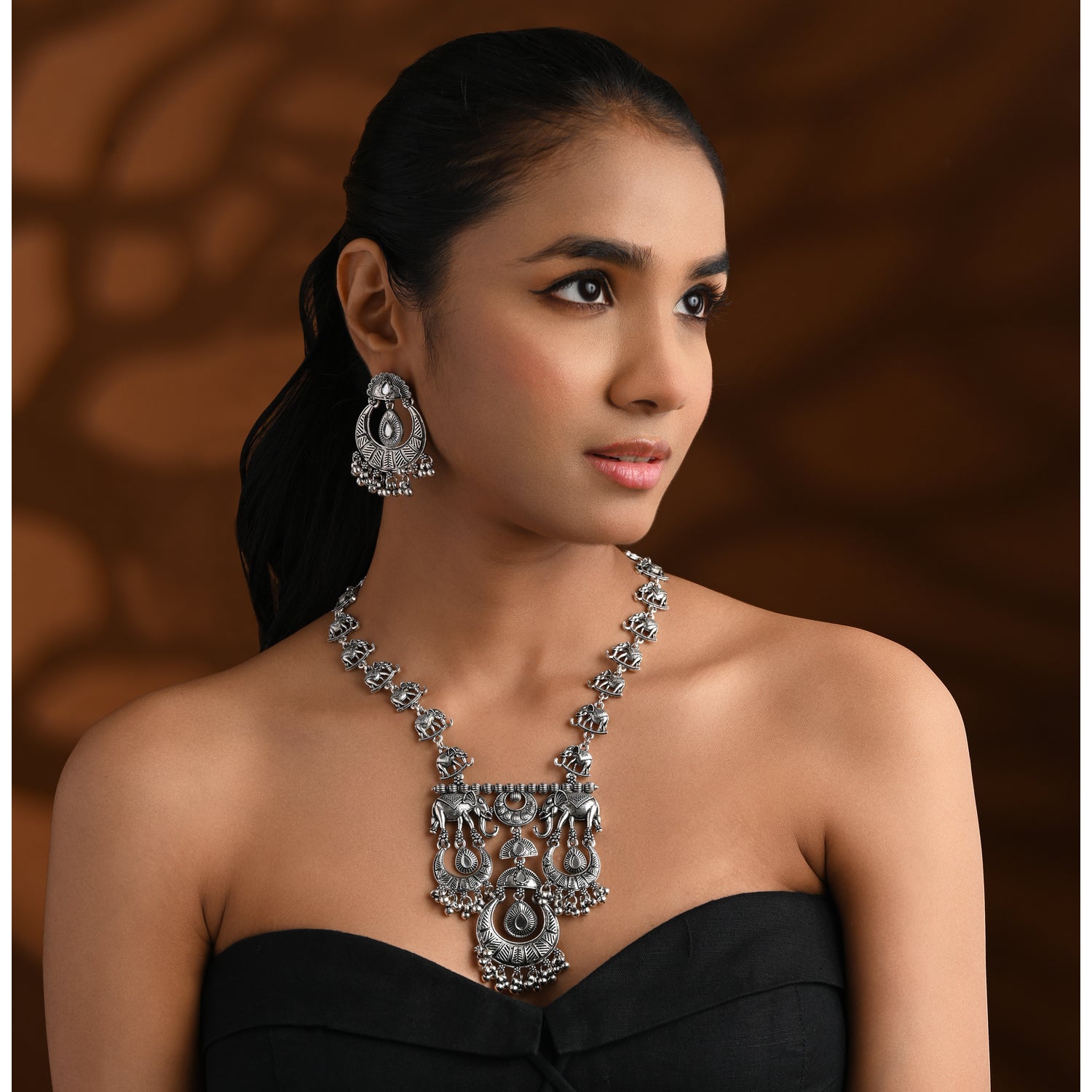 Statement Oxidised Necklace Set - Elephant Inspired