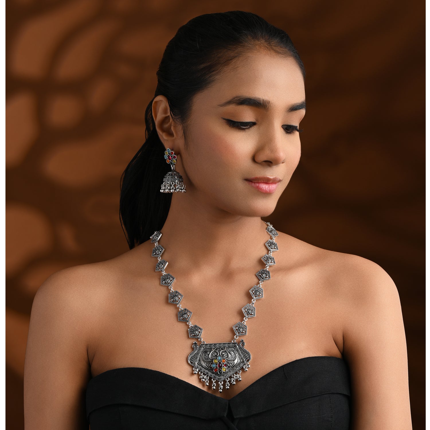 Oxidised Necklace Set - Rajasthani Multicolor Folk Design