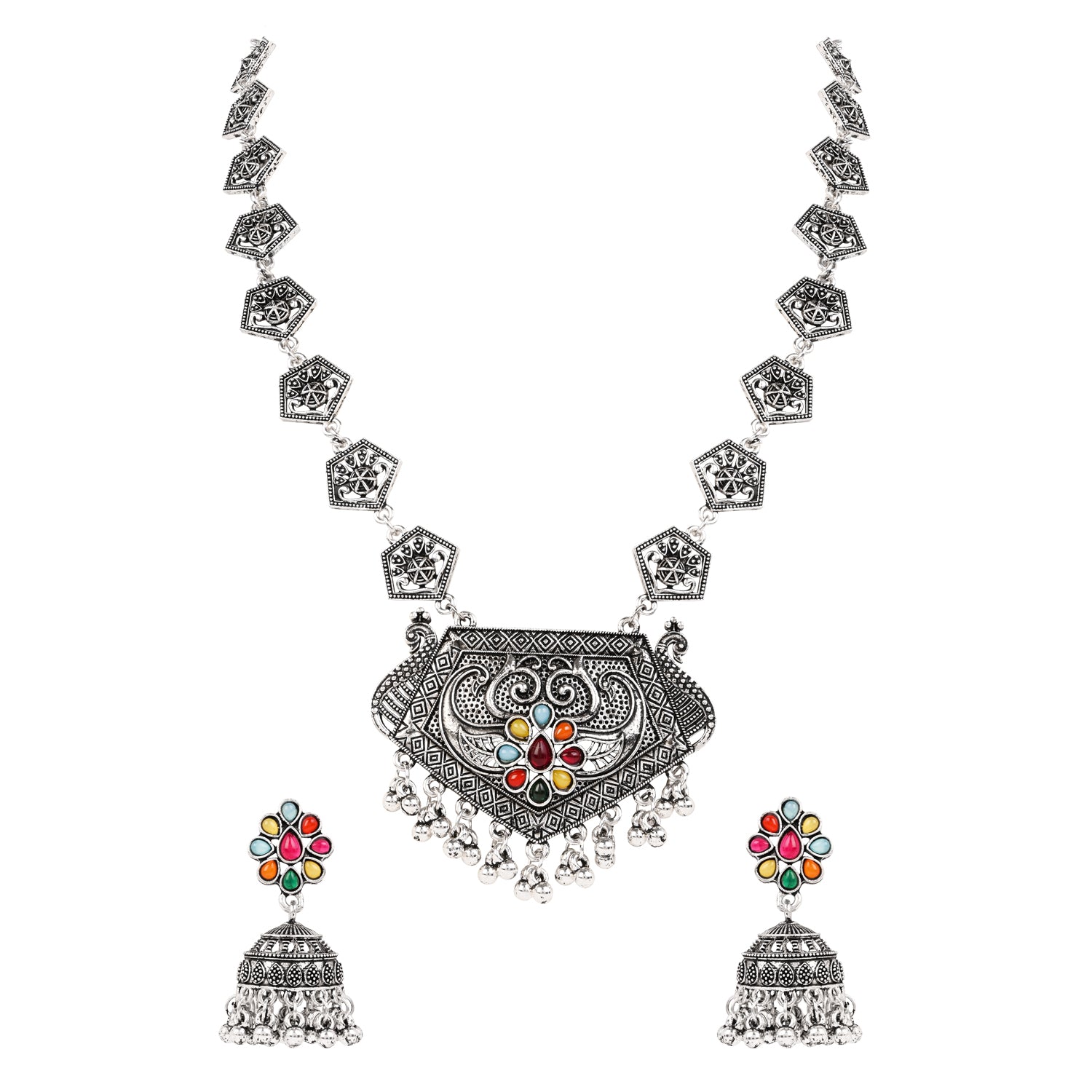 Oxidised Necklace Set - Rajasthani Multicolor Folk Design