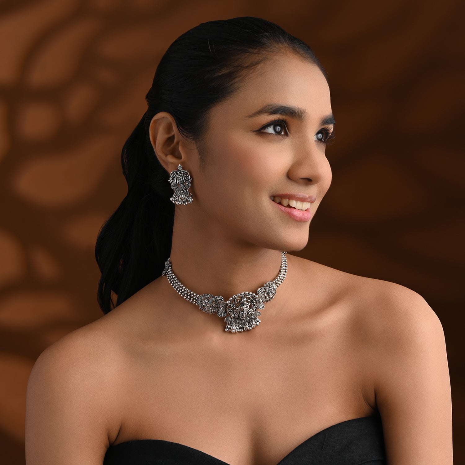 Antique Oxidised Silver Necklace Set - The Krishna Grace