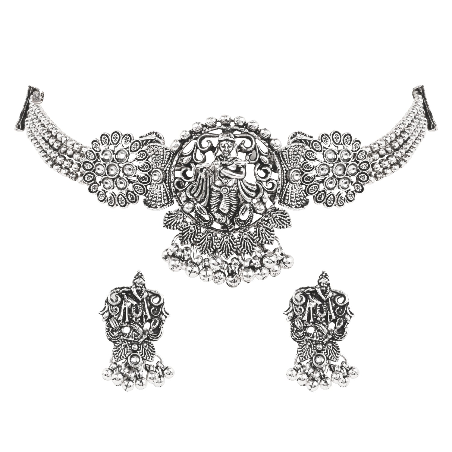 Antique Oxidised Silver Necklace Set - The Krishna Grace